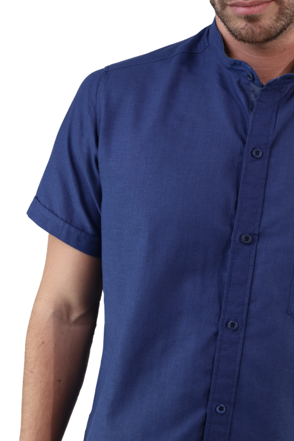Camisa Look De Lino Manga Corta Azul Marino Cuello Mao Slim Fit Hombre